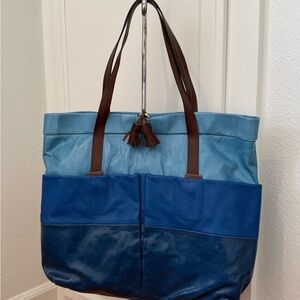 Maliparmi Blue Colorblock Leather Tote with Brown Straps